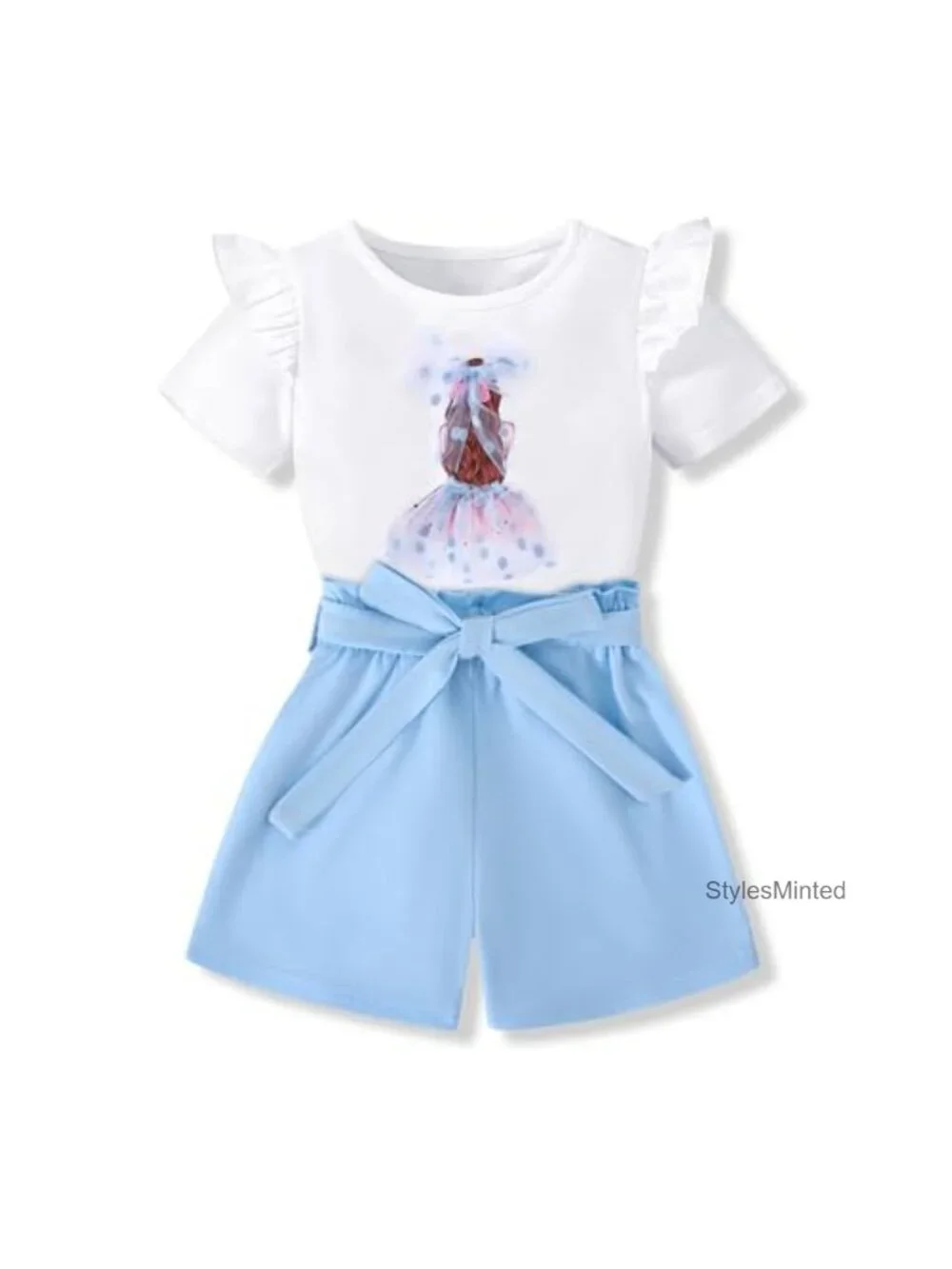 Toddler Girls 2-Piece Short Set Ruffle Sleeve Bow Tee + Matching Shorts Cotton